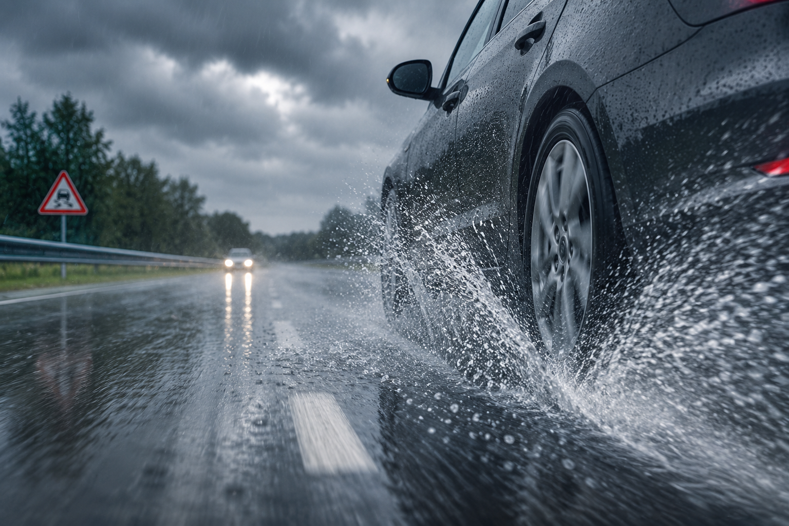 Auto che percorre una strada bagnata con spray d'acqua sollevato dagli pneumatici durante una forte pioggia