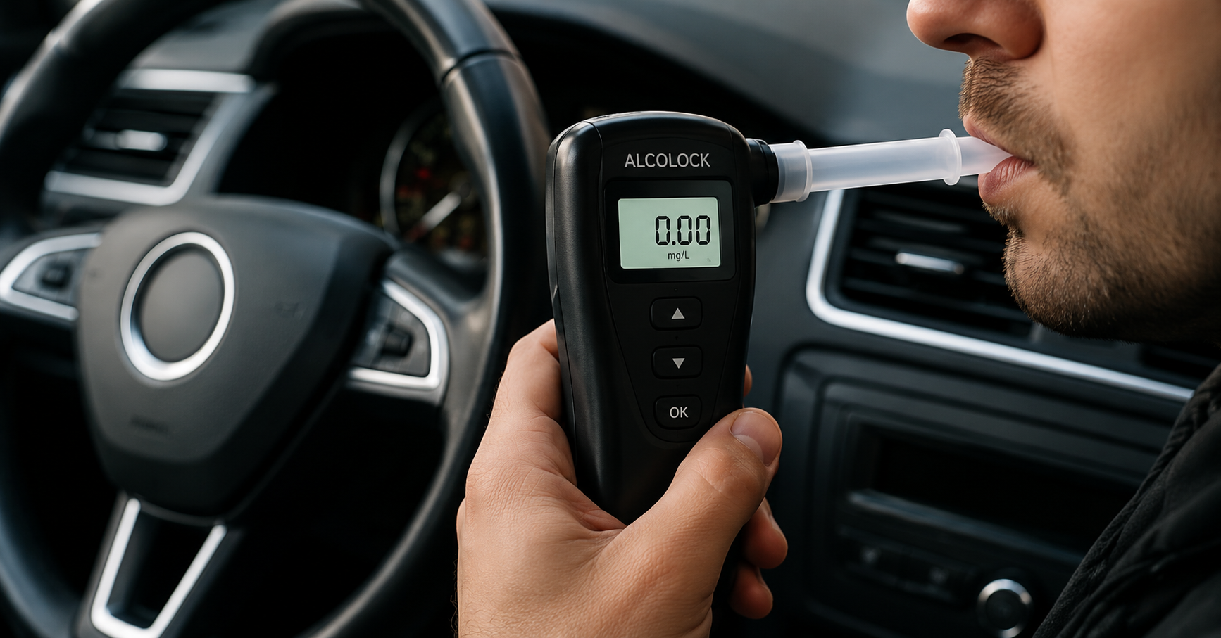 Dispositivo alcolock installato sul cruscotto di un'auto con boccaglio per il test del tasso alcolemico prima dell'avvio del motore