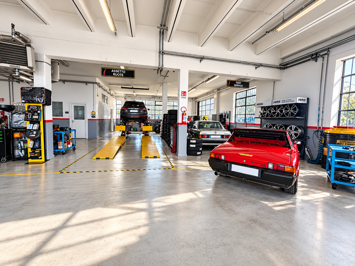 Officina Garonzi Car a Verona con ponte assetto ruote e auto d’epoca