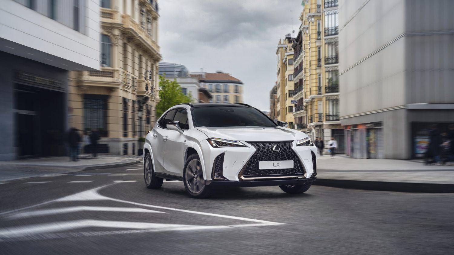 lexus ux 250h bianca in esposizione su strada